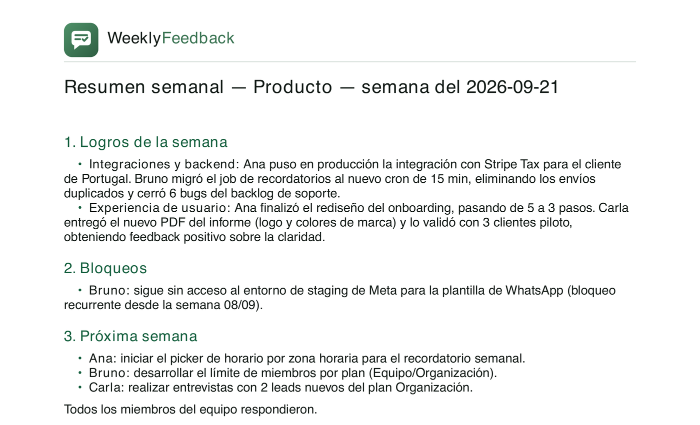 A real WeeklyFeedback PDF report: wins, blockers and next week's priorities grouped by project.